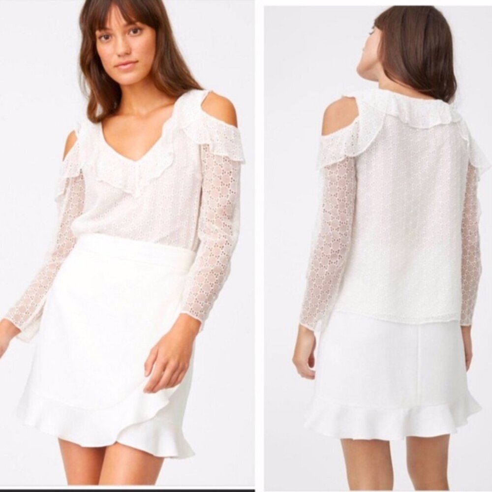 Club Monaco Silk Ruffles Eyelet Open Shoulder Long Sleeve Top Blouse Tunic Lined